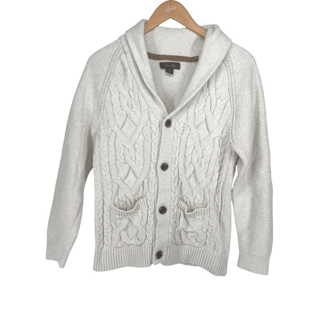 Tasso Elba Men Shawl Collar Cable Knit Fisherman Cardigan Sweater Cream M Cotton